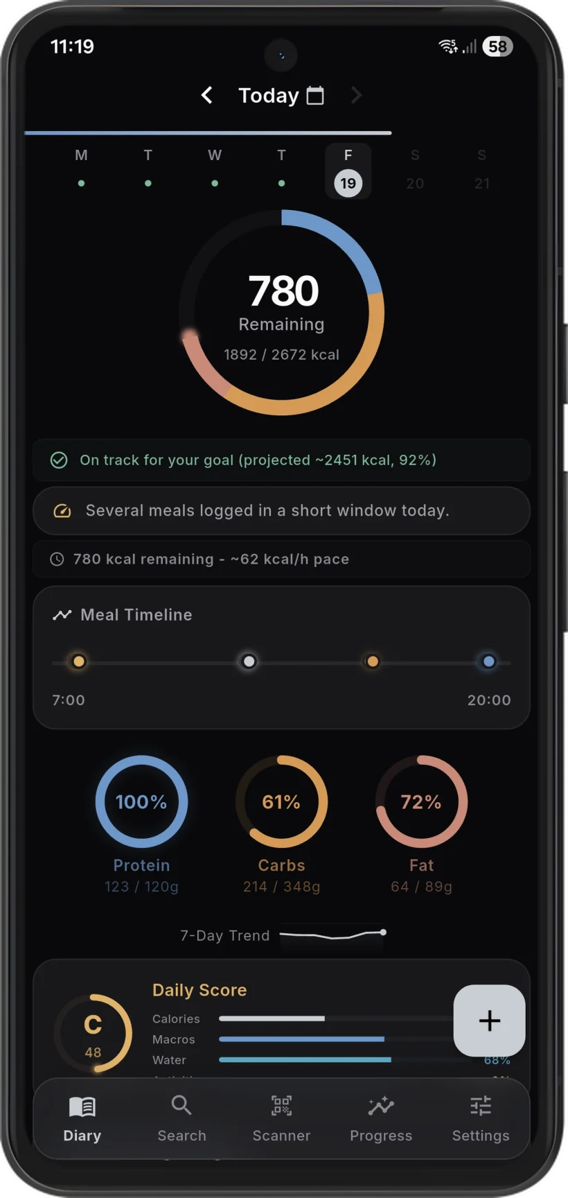 Savor daily overview screen showing calories remaining and macro rings