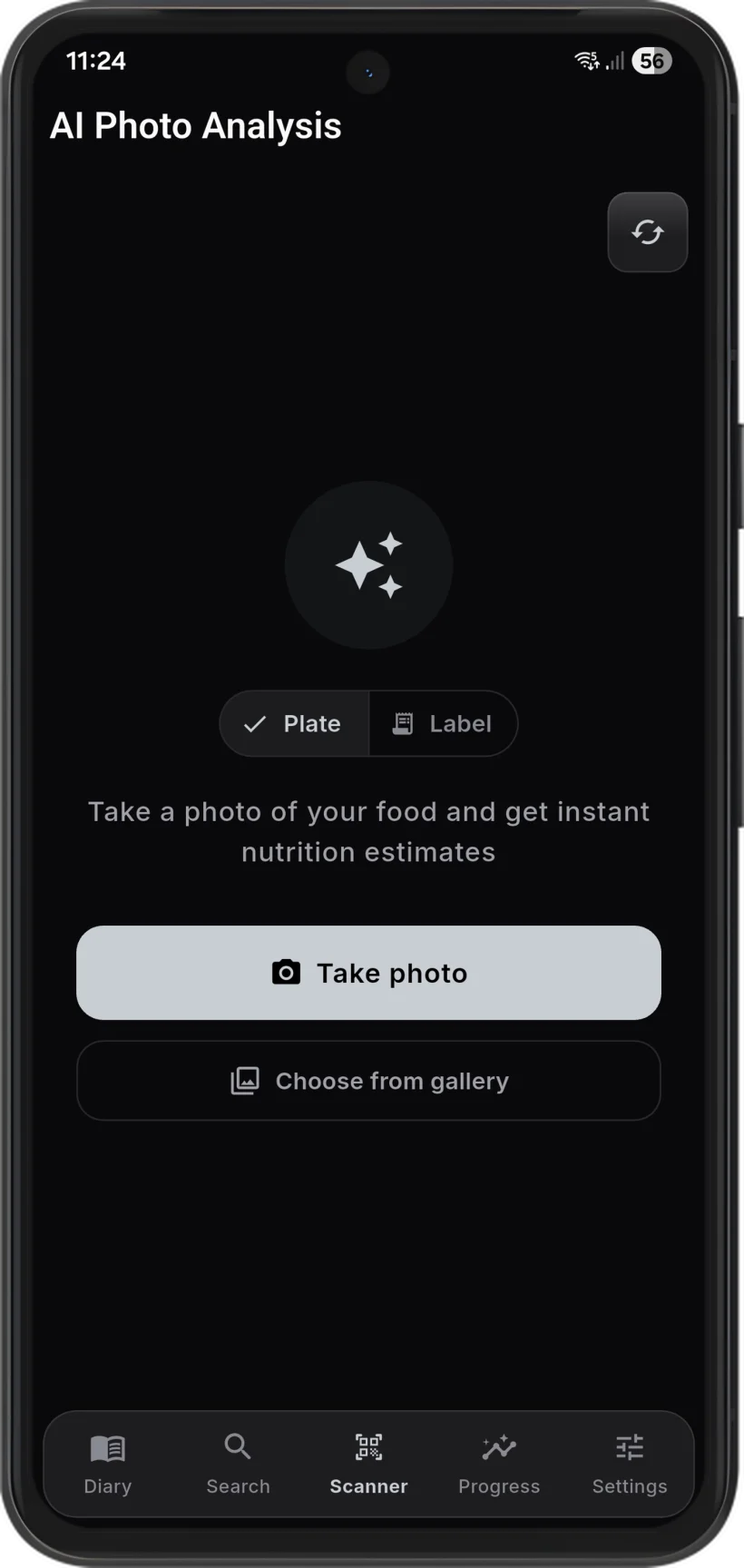 Savor AI photo analysis screen with plate and label modes