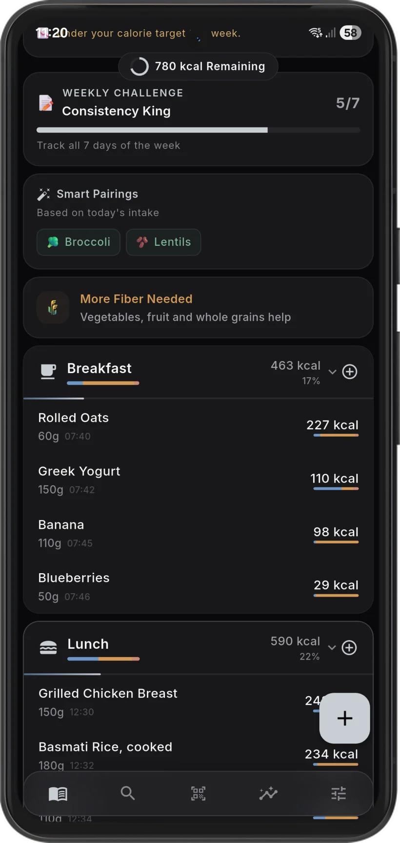 Savor daily food diary listing breakfast and lunch entries